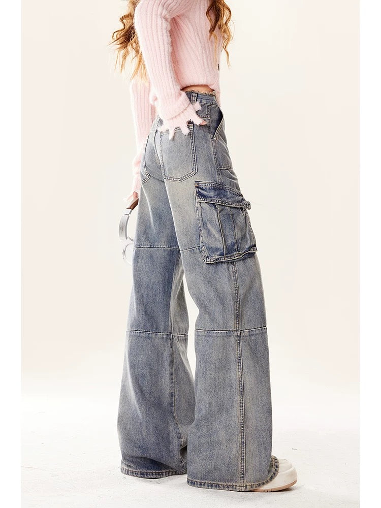 Natural American retro blue high street overalls for women 2024 new autumn and winter high waist multi-pocket wide leg jeans