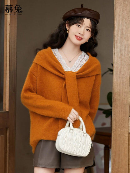 MuTu Lazy Style Lace-up Tie-up Sweater for Women, 2025 Winter New Style, Petite Loose Knit Top