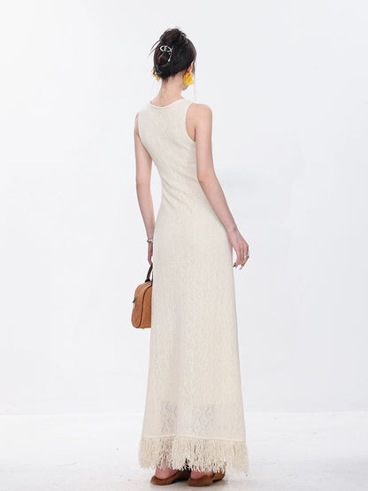 ABWEAR original white knitted suspender dress for women spring and summer new style over-the-knee loose long tassel skirt