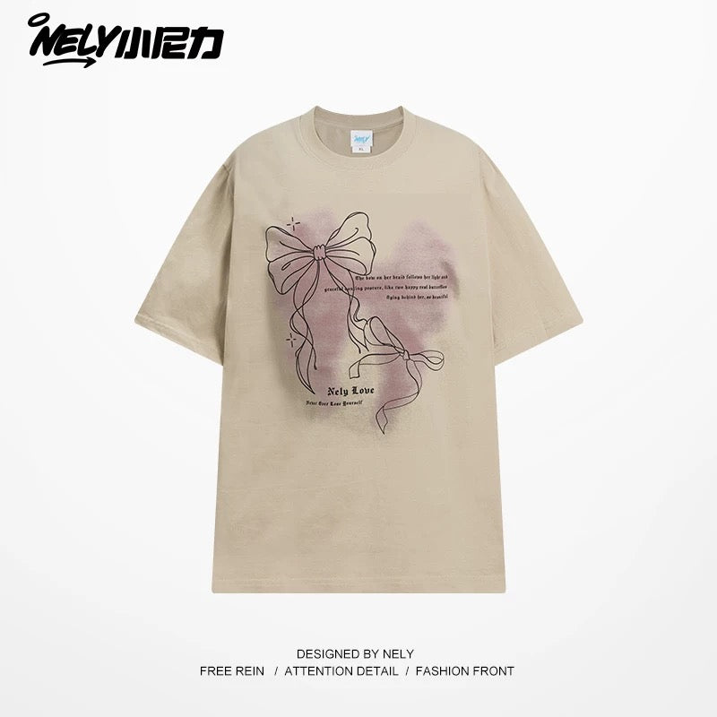 NELY Little Nelly Design Bow Heavy Short-sleeved T-shirt 2025 Summer New American Retro Top Trend