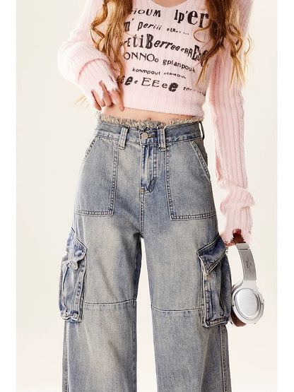 Natural American retro blue high street overalls for women 2024 new autumn and winter high waist multi-pocket wide leg jeans