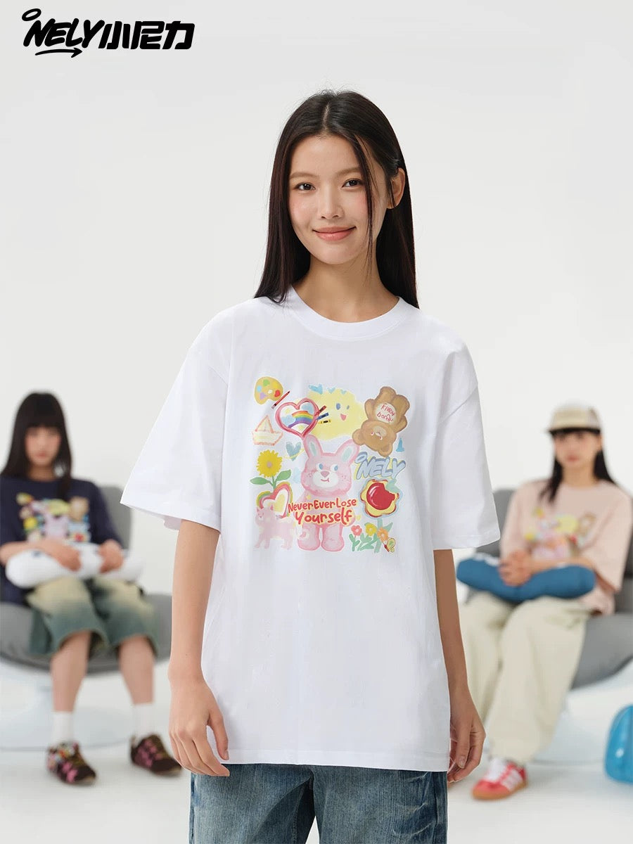 NELY Little Nelly short-sleeved T-shirt men and women cartoon bear 2025 new summer pure cotton loose couple tops trend