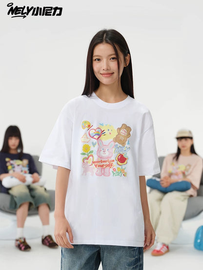 NELY Little Nelly short-sleeved T-shirt men and women cartoon bear 2025 new summer pure cotton loose couple tops trend
