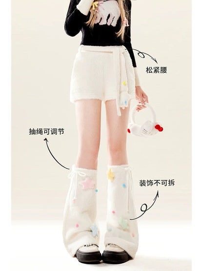 Natural astringent y2k furry white shorts autumn and winter velvet socks set stockings with coat hot girl leggings boot pants