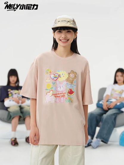 NELY Little Nelly short-sleeved T-shirt men and women cartoon bear 2025 new summer pure cotton loose couple tops trend