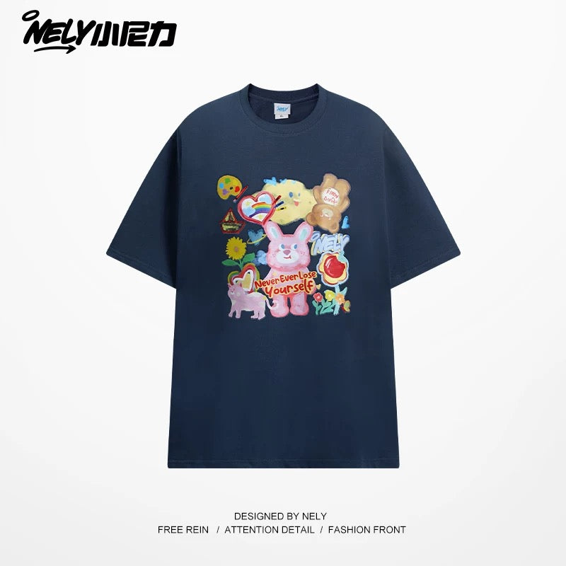 NELY Little Nelly short-sleeved T-shirt men and women cartoon bear 2025 new summer pure cotton loose couple tops trend