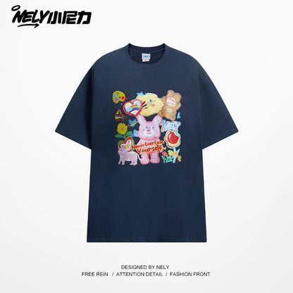 NELY Little Nelly short-sleeved T-shirt men and women cartoon bear 2025 new summer pure cotton loose couple tops trend