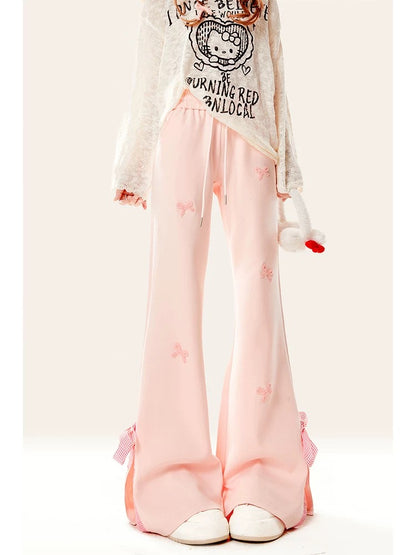 Natural pink slit boot-cut pants for women, spring and autumn style bow casual sweatpants for small people, slim and flared pants