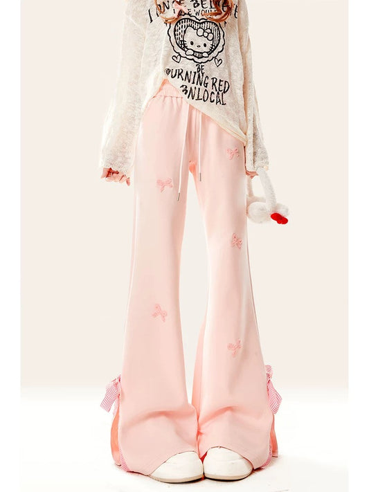 Natural pink slit boot-cut pants for women, spring and autumn style bow casual sweatpants for small people, slim and flared pants