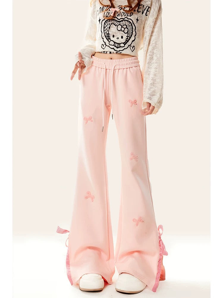 Natural pink slit boot-cut pants for women, spring and autumn style bow casual sweatpants for small people, slim and flared pants