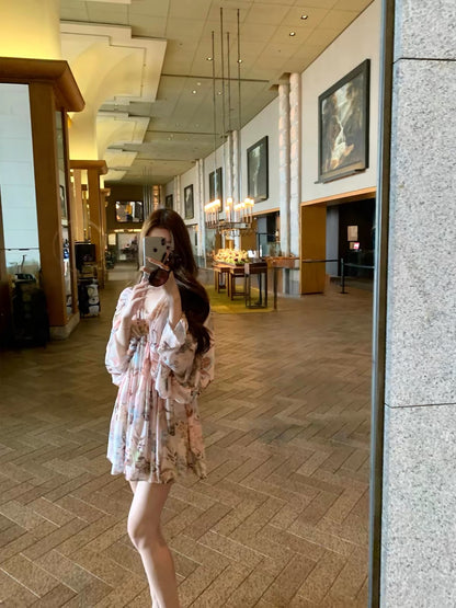GYOKUU [Enchanting Floral Peacock] 2026 SS Pink-Apricot Printed Pleated Batwing-Sleeve Dress