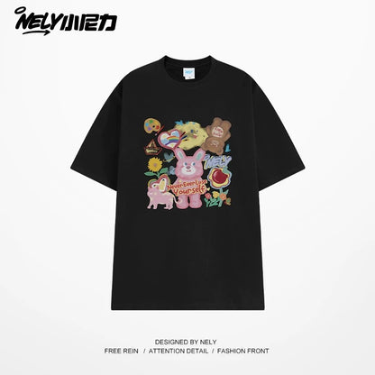 NELY Little Nelly short-sleeved T-shirt men and women cartoon bear 2025 new summer pure cotton loose couple tops trend