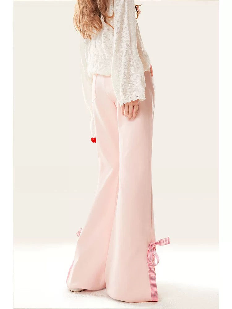 Natural pink slit boot-cut pants for women, spring and autumn style bow casual sweatpants for small people, slim and flared pants