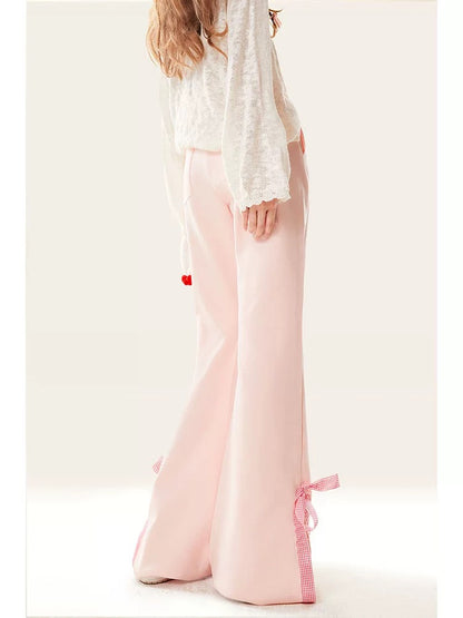 Natural pink slit boot-cut pants for women, spring and autumn style bow casual sweatpants for small people, slim and flared pants