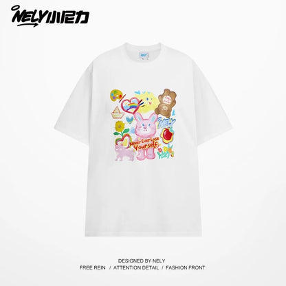 NELY Little Nelly short-sleeved T-shirt men and women cartoon bear 2025 new summer pure cotton loose couple tops trend