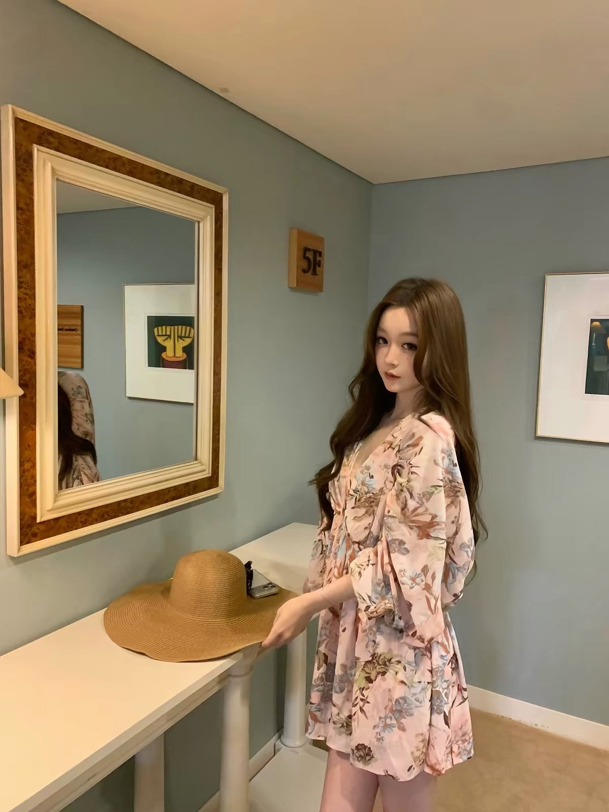 GYOKUU [Enchanting Floral Peacock] 2026 SS Pink-Apricot Printed Pleated Batwing-Sleeve Dress