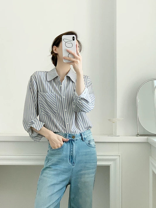 YAHI Independent Homemade Blue Ice Lake Lazy Korean Retro Striped Gray Blue Not Easy to Wrinkle Long Sleeve Shirt Women