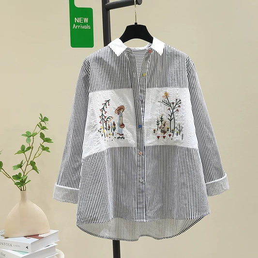 Designed embroidered striped splicing long-sleeved shirt for women 2024 spring and autumn new Korean style loose age-reducing shirt top