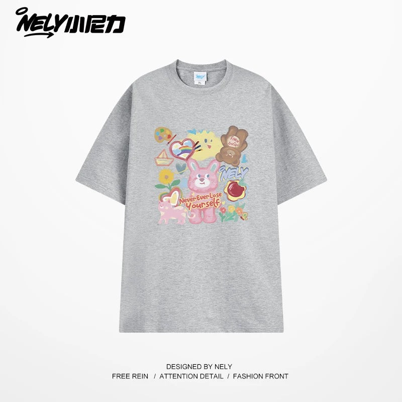 NELY Little Nelly short-sleeved T-shirt men and women cartoon bear 2025 new summer pure cotton loose couple tops trend
