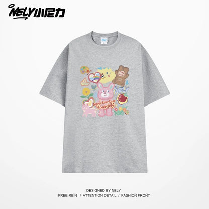 NELY Little Nelly short-sleeved T-shirt men and women cartoon bear 2025 new summer pure cotton loose couple tops trend