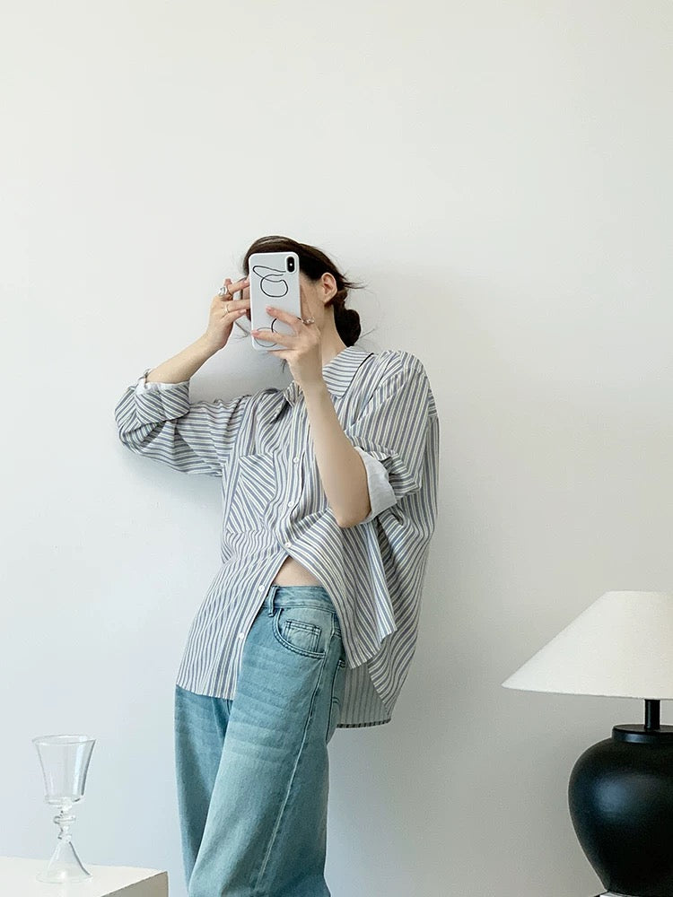 YAHI Independent Homemade Blue Ice Lake Lazy Korean Retro Striped Gray Blue Not Easy to Wrinkle Long Sleeve Shirt Women