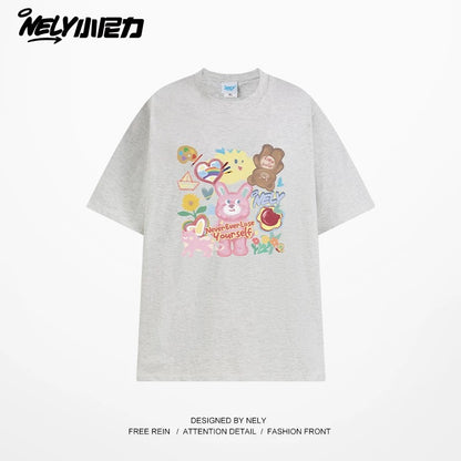NELY Little Nelly short-sleeved T-shirt men and women cartoon bear 2025 new summer pure cotton loose couple tops trend
