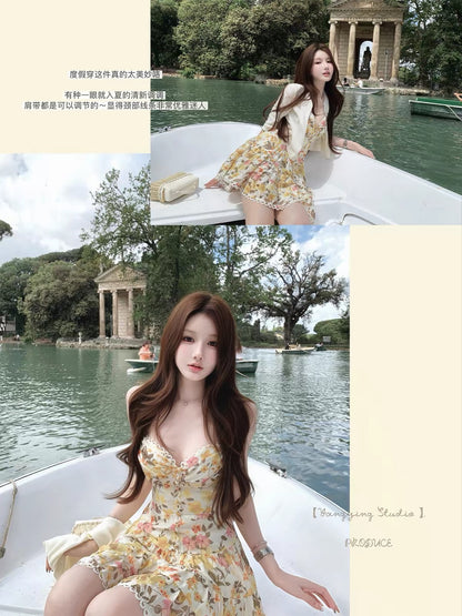 Bigking "First Encounter with Blossoms" Floral V-Neck Camisole Dress (65% Tencel + 15% Linen)