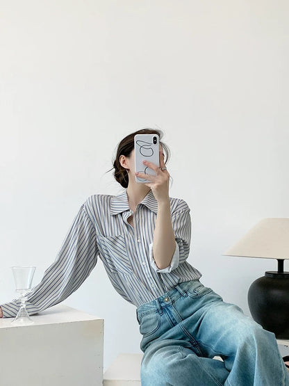 YAHI Independent Homemade Blue Ice Lake Lazy Korean Retro Striped Gray Blue Not Easy to Wrinkle Long Sleeve Shirt Women