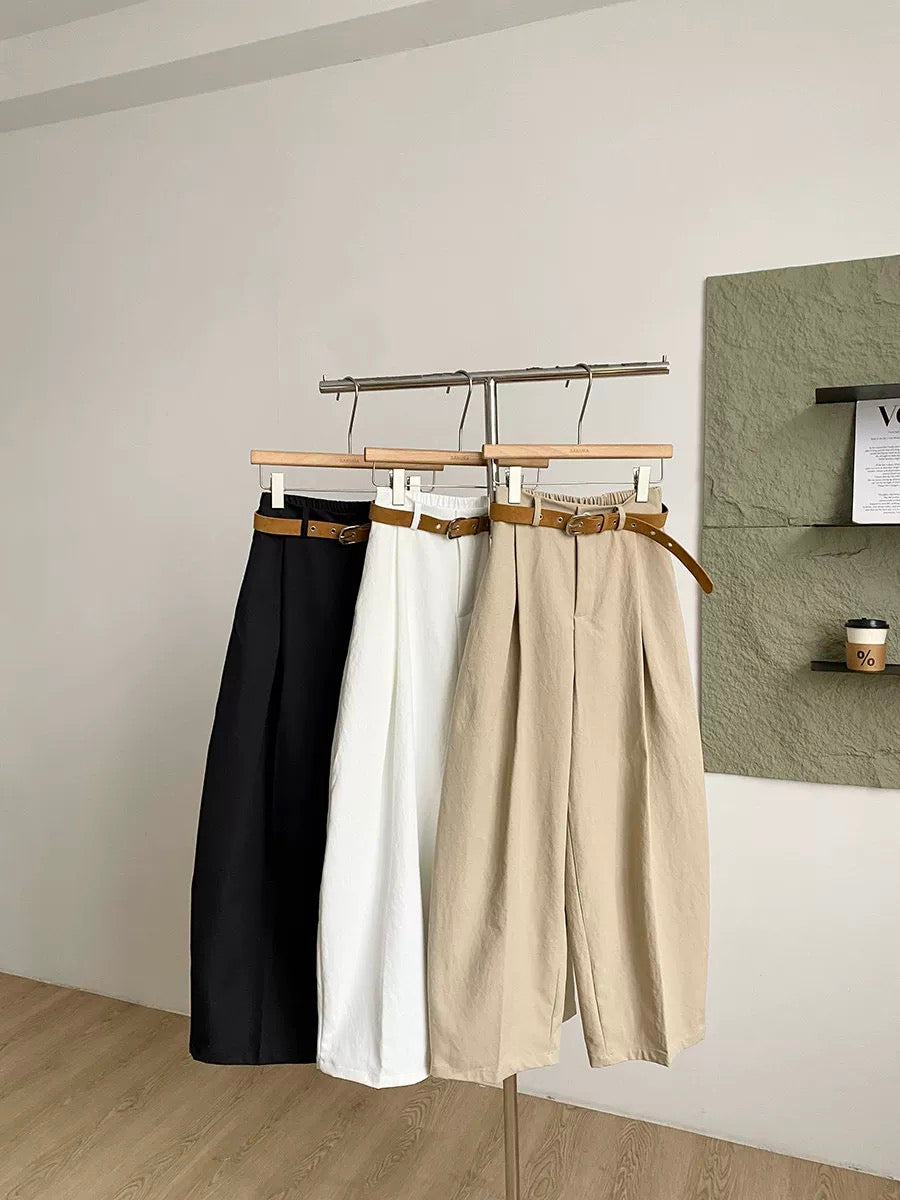 Korean style retro simple casual trousers for women, new spring 2026 style, high-waisted, slimming, loose-fitting curved trousers with belt.
