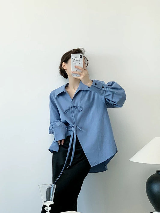 YAHI Tencel Lyocell Cotton Design Lapel Bow Tie Shirt Women's French Retro Tops Spring and Autumn