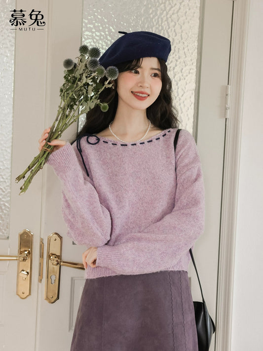 MuTu Sweet Bow Tie Round Neck Sweater for Women, 2025 Autumn New Style, Petite, Lazy Style, Loose Top