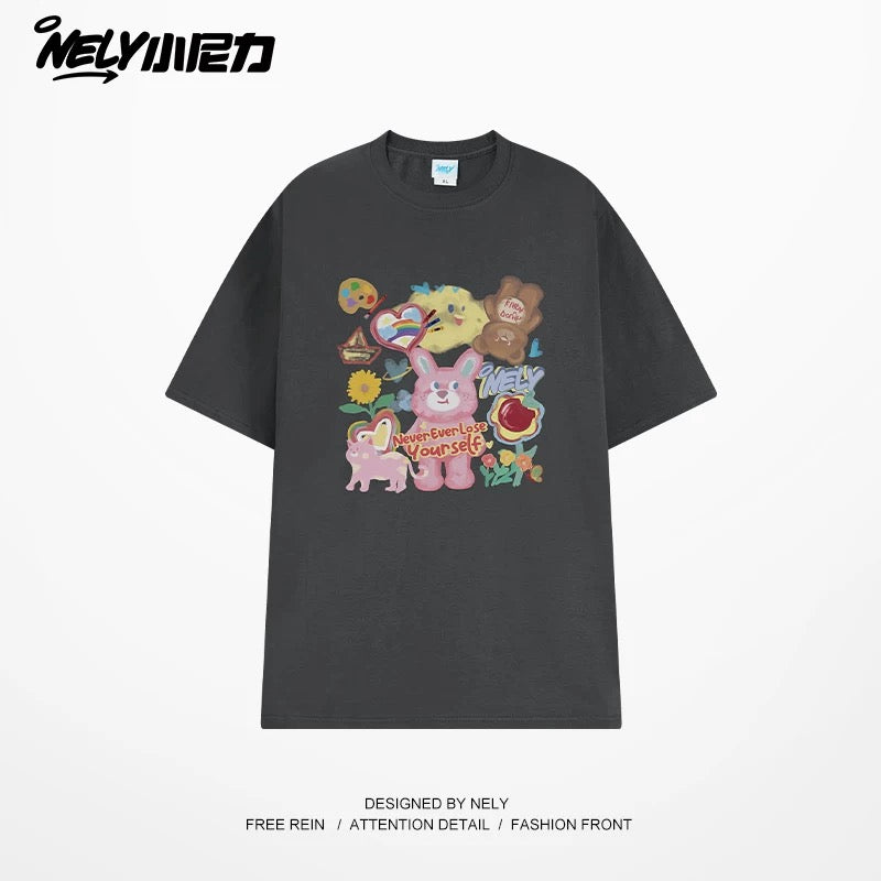 NELY Little Nelly short-sleeved T-shirt men and women cartoon bear 2025 new summer pure cotton loose couple tops trend