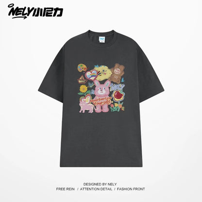 NELY Little Nelly short-sleeved T-shirt men and women cartoon bear 2025 new summer pure cotton loose couple tops trend