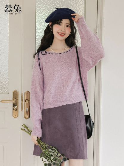 MuTu Sweet Bow Tie Round Neck Sweater for Women, 2025 Autumn New Style, Petite, Lazy Style, Loose Top
