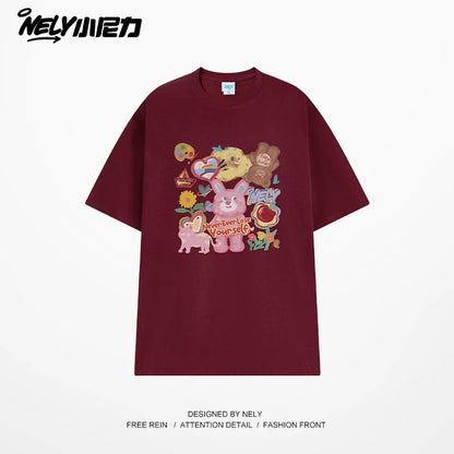 NELY Little Nelly short-sleeved T-shirt men and women cartoon bear 2025 new summer pure cotton loose couple tops trend
