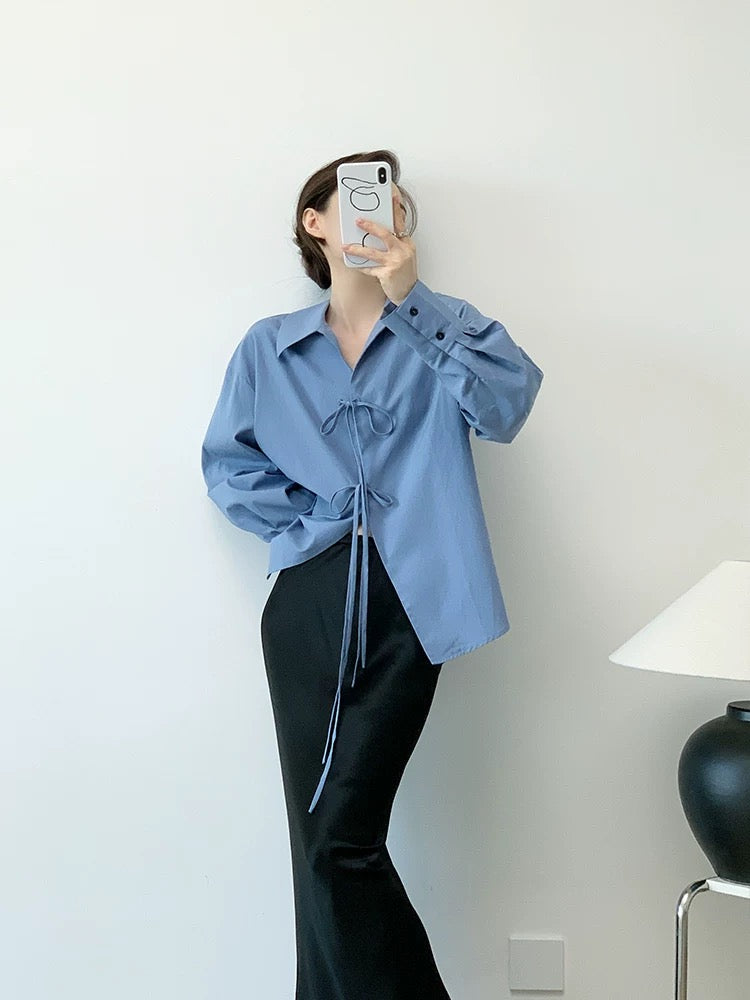 YAHI Tencel Lyocell Cotton Design Lapel Bow Tie Shirt Women's French Retro Tops Spring and Autumn
