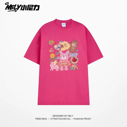 NELY Little Nelly short-sleeved T-shirt men and women cartoon bear 2025 new summer pure cotton loose couple tops trend