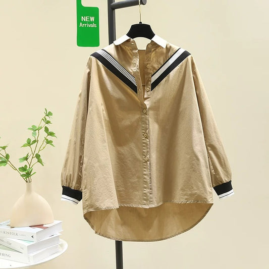High-end spliced khaki shirt for women 2024 spring and autumn new Korean style loose casual shirt age-reducing top