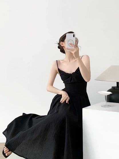 YAHI Black Temperament Long Dress Lightly Transparent Knotted Linen Slightly Wrinkled Ice Retro Suspender Dress
