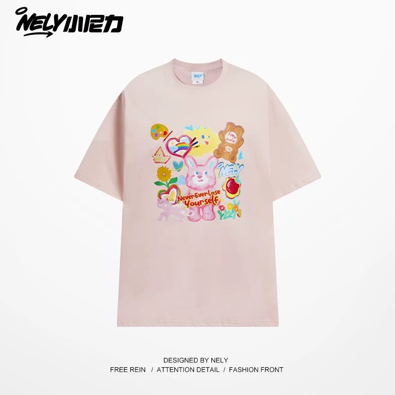 NELY Little Nelly short-sleeved T-shirt men and women cartoon bear 2025 new summer pure cotton loose couple tops trend