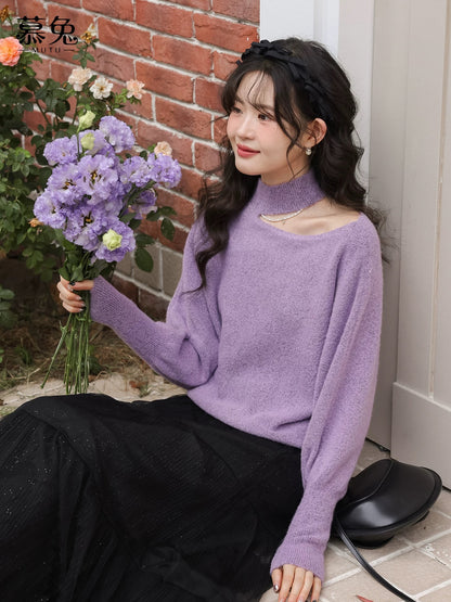 MuTu Gentle Style Halter Neck Hollow-Out Sweater Women's 2025 Autumn New Style Petite Loose Long-Sleeved Knit Top