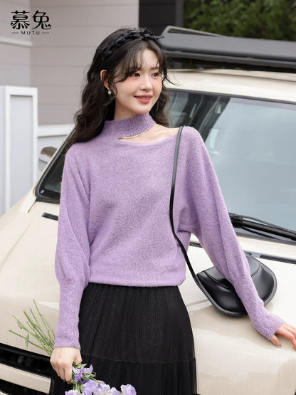 MuTu Gentle Style Halter Neck Hollow-Out Sweater Women's 2025 Autumn New Style Petite Loose Long-Sleeved Knit Top
