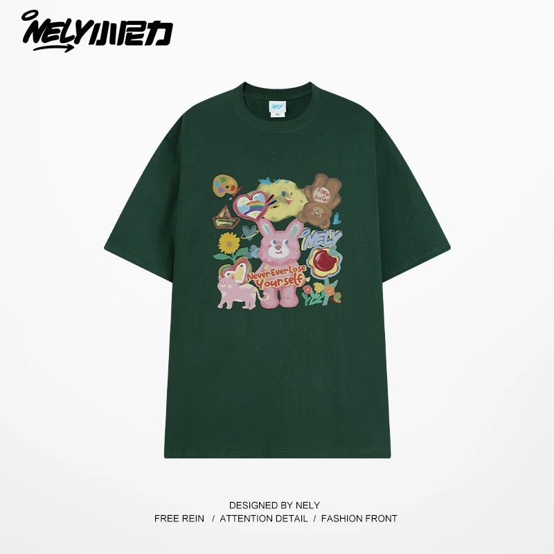 NELY Little Nelly short-sleeved T-shirt men and women cartoon bear 2025 new summer pure cotton loose couple tops trend
