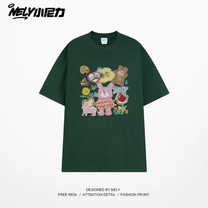 NELY Little Nelly short-sleeved T-shirt men and women cartoon bear 2025 new summer pure cotton loose couple tops trend