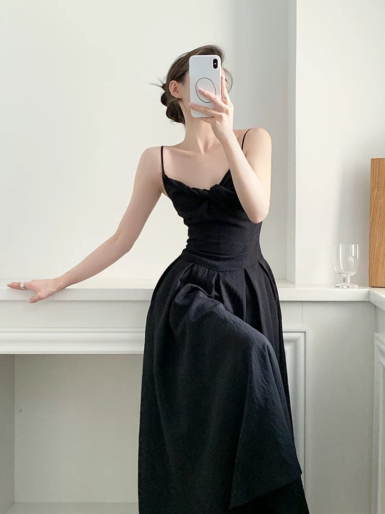 YAHI Black Temperament Long Dress Lightly Transparent Knotted Linen Slightly Wrinkled Ice Retro Suspender Dress