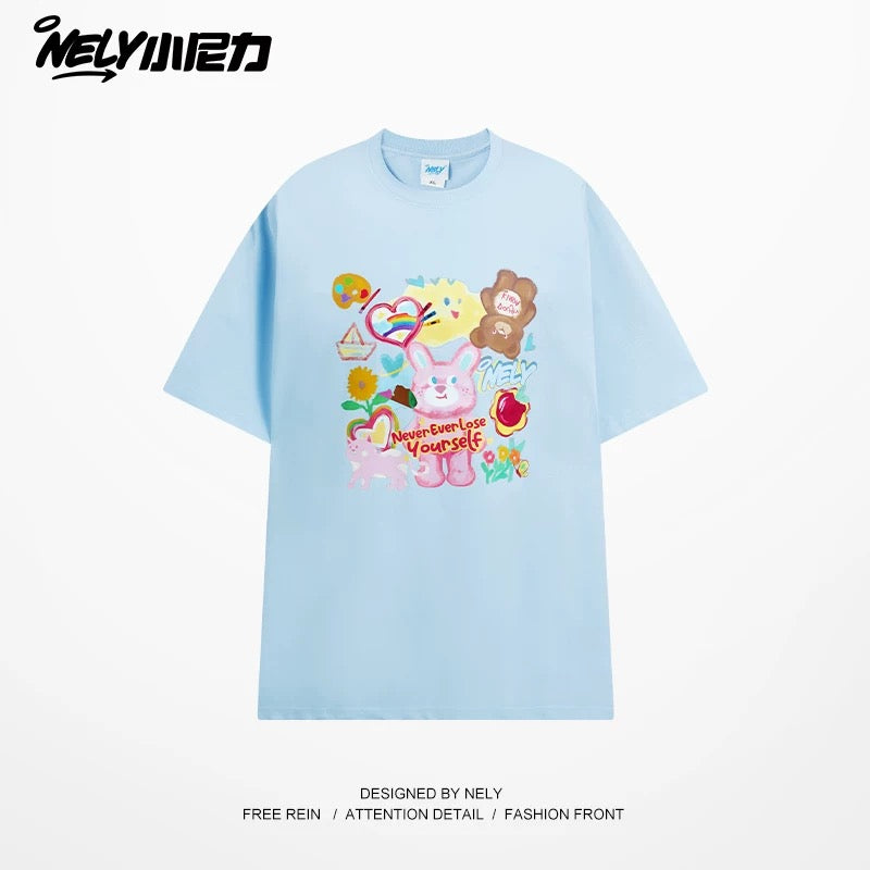 NELY Little Nelly short-sleeved T-shirt men and women cartoon bear 2025 new summer pure cotton loose couple tops trend