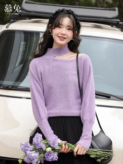 MuTu Gentle Style Halter Neck Hollow-Out Sweater Women's 2025 Autumn New Style Petite Loose Long-Sleeved Knit Top