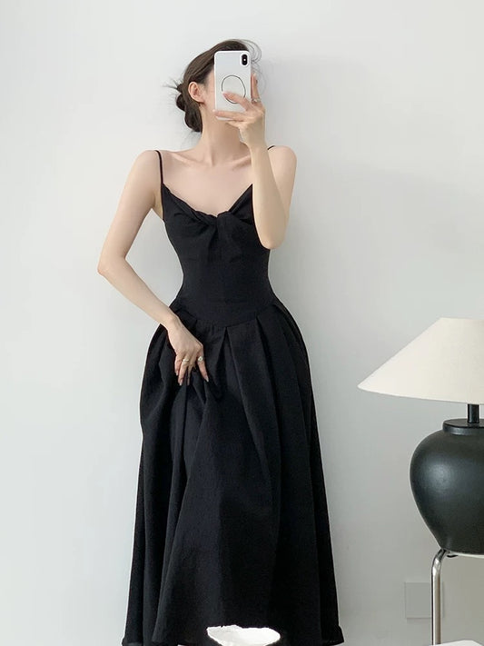 YAHI Black Temperament Long Dress Lightly Transparent Knotted Linen Slightly Wrinkled Ice Retro Suspender Dress
