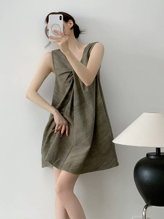 YAHI linen cotton knot design gradient texture sleeveless U-neck dress female summer A-line skirt