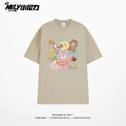 NELY Little Nelly short-sleeved T-shirt men and women cartoon bear 2025 new summer pure cotton loose couple tops trend